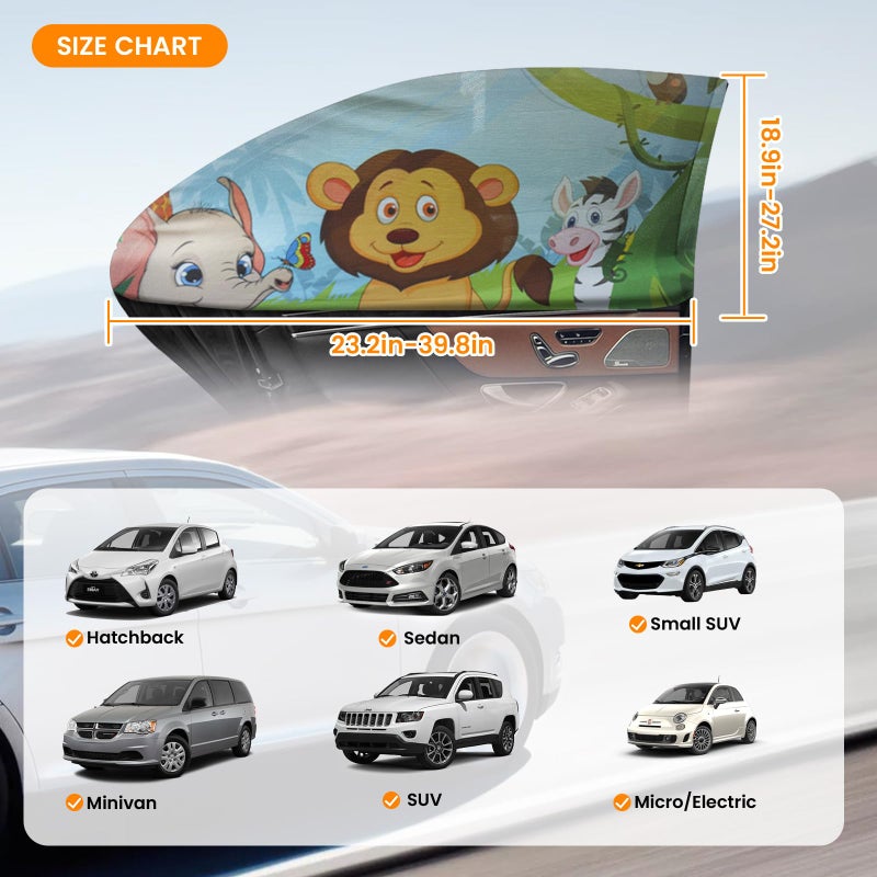 PEMOTech Car Window Shade for Baby  2 Pack UV Protection Car Side Window Sun Shades Cartoon Animal Design  Universal Stretchable Sun Shades  Privacy Protect for Kids Family Pets Tints (27.2 ""x39.8 "") - Image 3